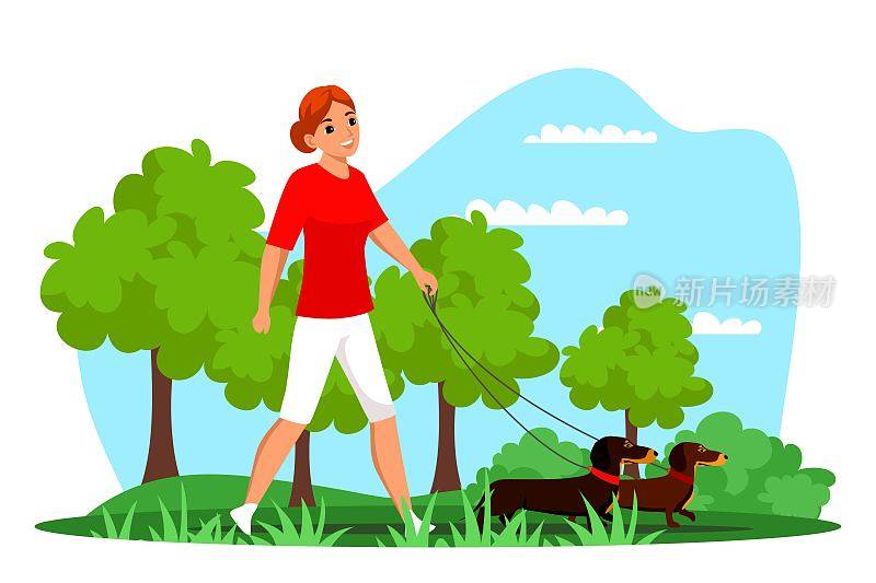 Pet owner walking dog on leash outdoor in park